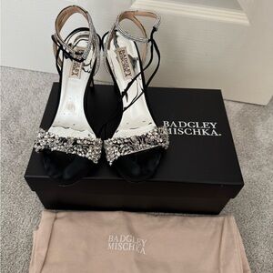 Badgley Mischka Black Satin Heels with Silver Accents